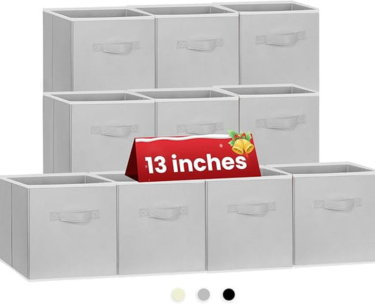 Criusia large grey fabric collapsible storage cubes 13x13 inch 10-pack with dual handles for shelf closet organizer