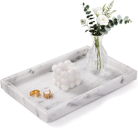Marble vanity tray for bathroom countertop — natural stone perfume and jewelry organizer, 12x8 inch, Starry White