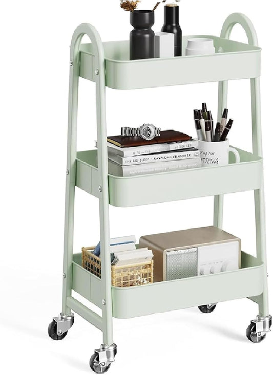 3-tier metal rolling storage cart with lockable wheels pale green for bathroom kitchen and living room organization