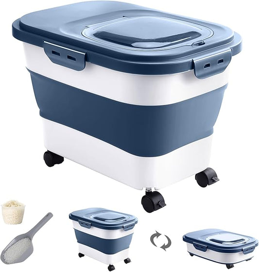 Collapsible rice storage container with rolling wheels and airtight locking lid for kitchen pantry organization