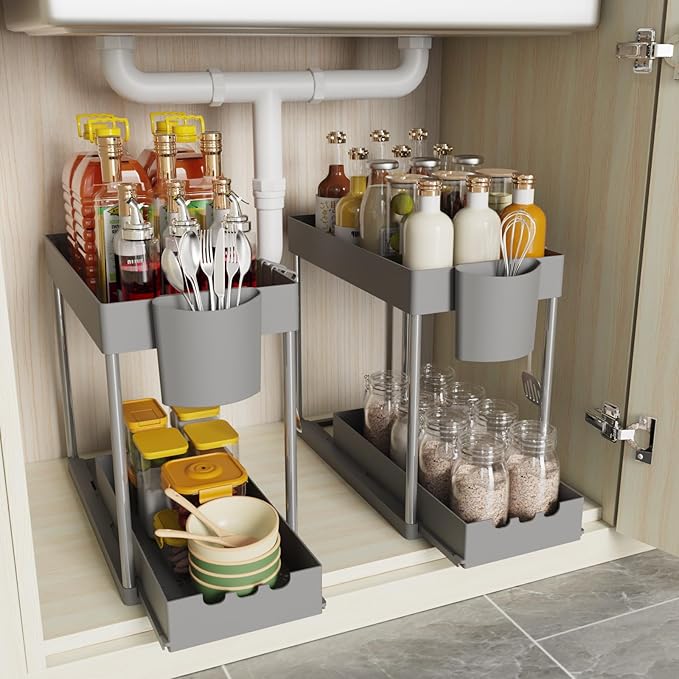 2-pack under sink organizer 2-tier sliding cabinet drawer for bathroom and kitchen grey