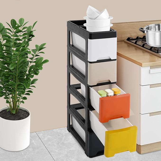 Narrow plastic drawer cabinet tower organizer on wheels — slim home office storage unit for small spaces and desk organization