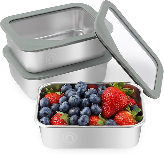 Glass meal prep containers 3-pack with stainless steel bento lunch boxes — leak-proof airtight lids for oven freezer dishwasher
