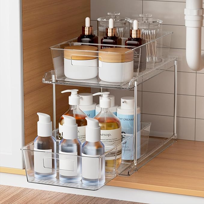 Fabspace 2-tier clear pull-out cabinet organizer with dividers for kitchen pantry and bathroom storage