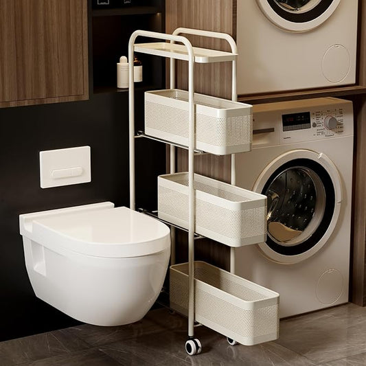 Slim 4-tier white rolling storage cart with pull-out metal baskets for kitchen bathroom and laundry room organization