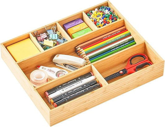 Large bamboo desk drawer organizer with adjustable dividers for vanity makeup and office storage in small spaces