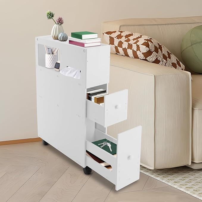 Small bathroom storage cabinet lockable wheels narrow floor organizer rolling toilet paper holder slide out drawers