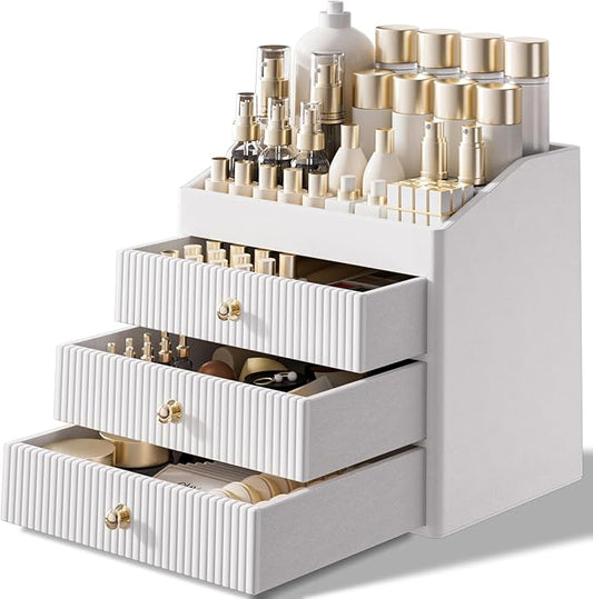 Luxury 3-tier drawer cosmetic organizer for vanity countertop — beige white skincare and makeup brush storage