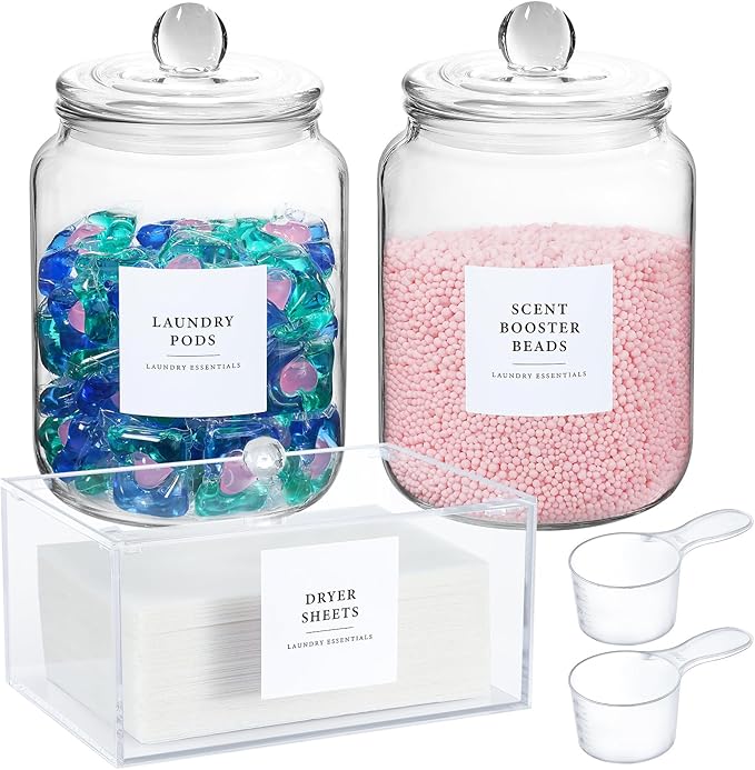 Glass jars and dryer sheet holder dispenser set with bamboo lids and labels — airtight laundry room organization containers