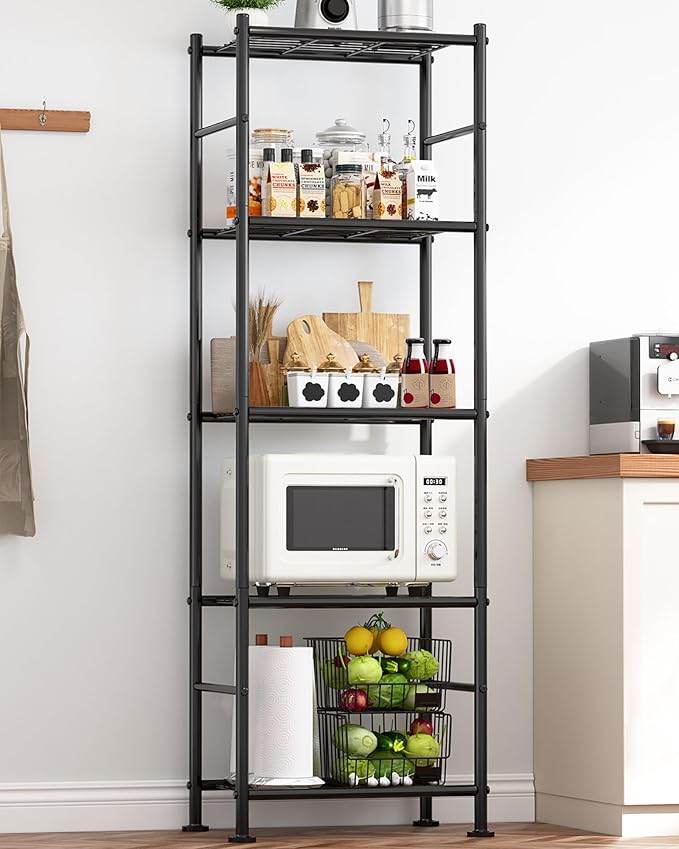 5-tier heavy duty black metal utility shelf organizer with leveling feet for garage pantry kitchen and closet storage