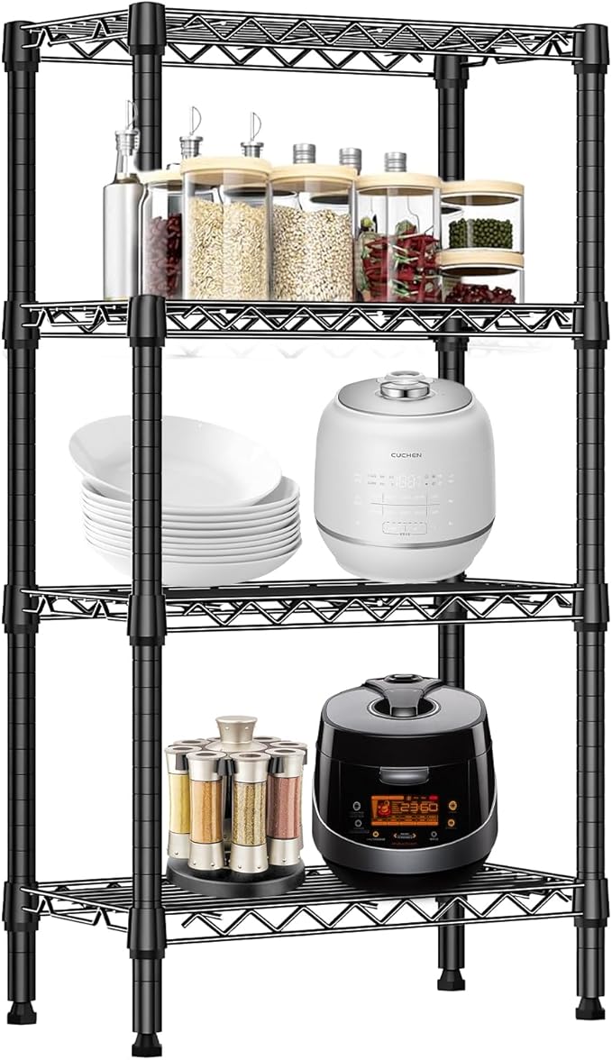 Heavy duty stainless steel 4-tier kitchen storage rack with non-slip mats black adjustable shelf organizer for cabinets countertops pantries