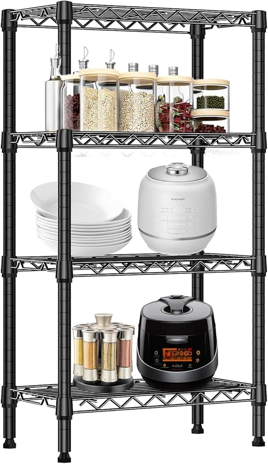 Heavy duty stainless steel 4-tier kitchen storage rack with non-slip mats black adjustable shelf organizer for cabinets countertops pantries