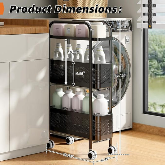 Slim rolling storage cart 3-tier with pull-out metal baskets for bathroom kitchen and laundry room organization