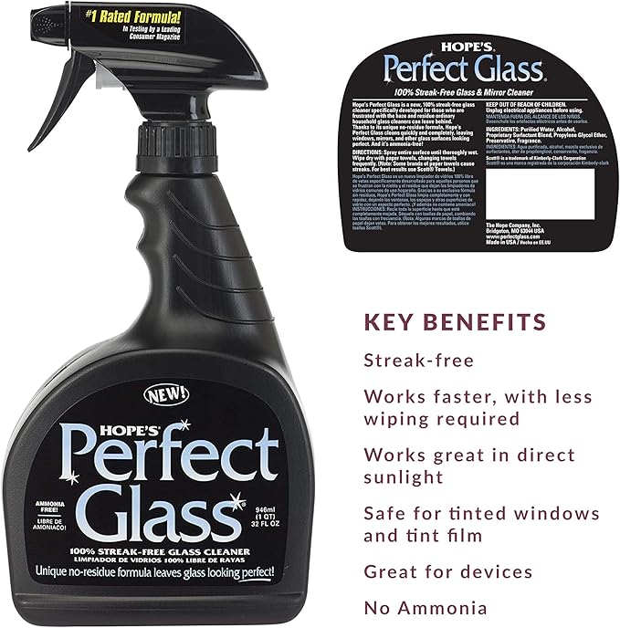 HOPE's Perfect Glass Cleaner streak-free ammonia-free spray bottle for windows mirrors and shower doors