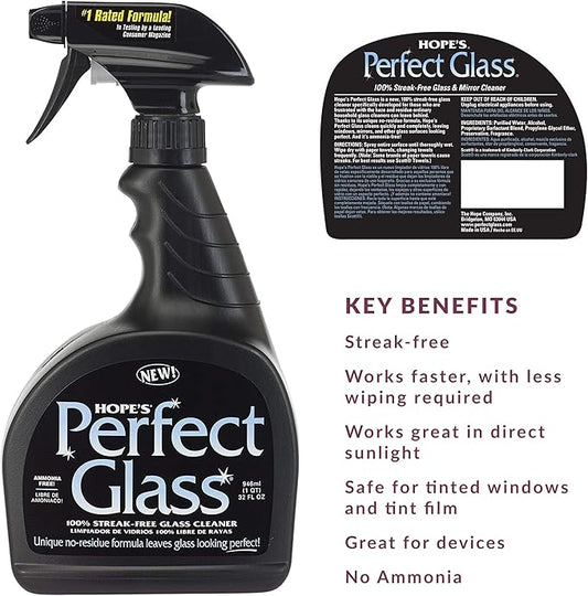 HOPE's Perfect Glass Cleaner streak-free ammonia-free spray bottle for windows mirrors and shower doors