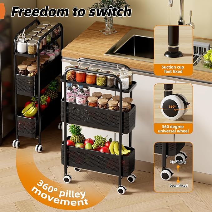 Slim rolling storage cart 3-tier with pull-out metal baskets installed between kitchen appliances for narrow space organization