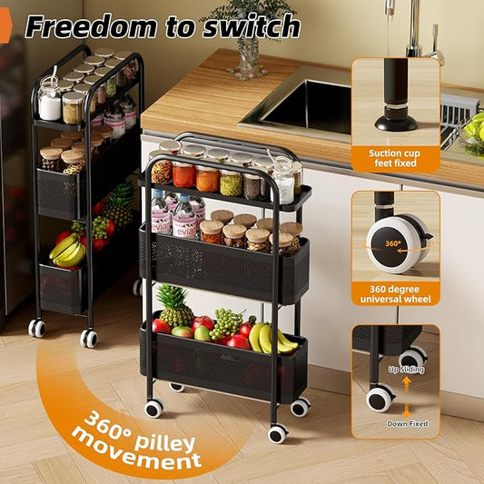 Slim rolling storage cart 3-tier with pull-out metal baskets installed between kitchen appliances for narrow space organization