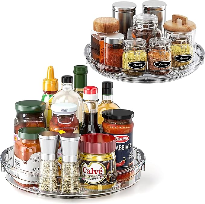 LAMU 2 Pack Lazy Susan Turntable Organizer for Cabinet 10.6 and 9.25 inch grey condiment and spice organizer