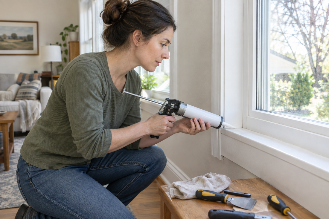 Applying sealant to a small gap along interior window trim.