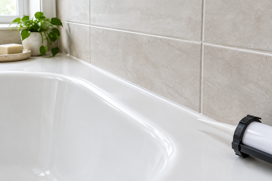 Fresh clear silicone sealant neatly applied along a white bathtub and tile joint in a bright bathroom