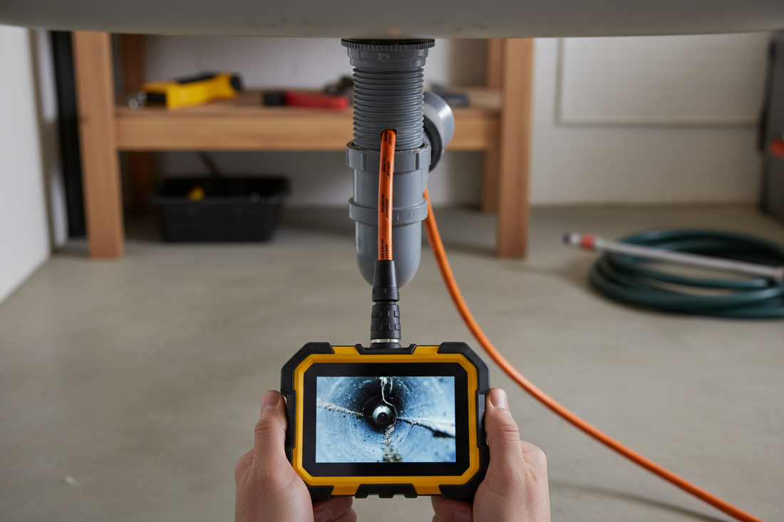 Dual-lens sewer inspection camera checking inside an accessible drain pipe