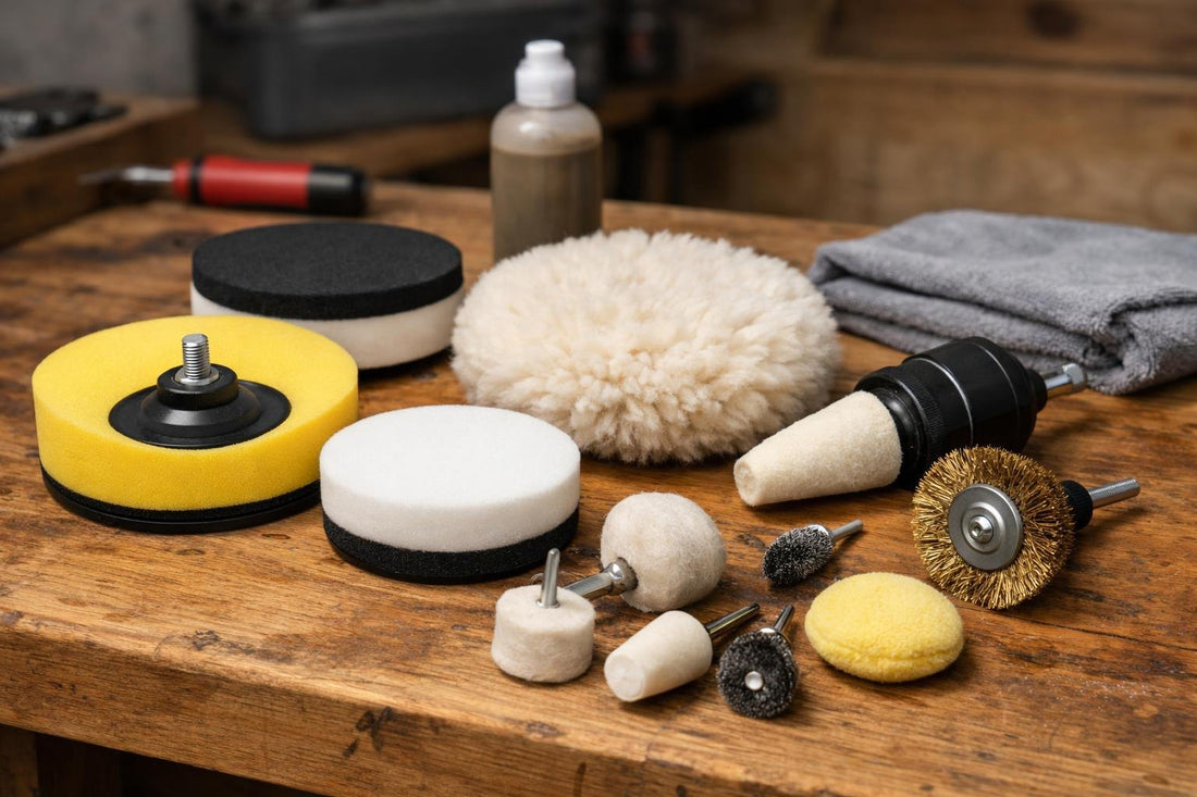 Assorted polishing and buffing attachments on a workbench