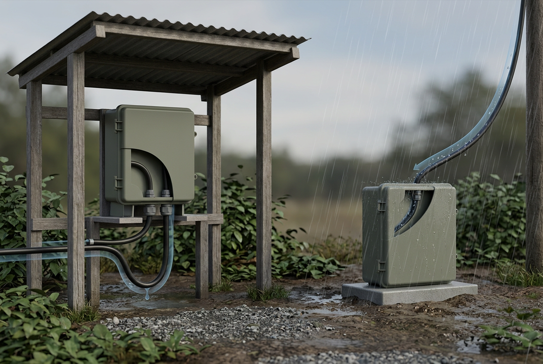 Comparison of sheltered and rain-exposed outdoor battery and power connection setups.
