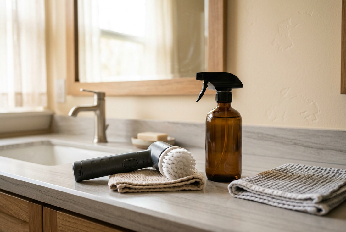 Cordless bathroom cleaning brush beside basic bathroom cleaning supplies.