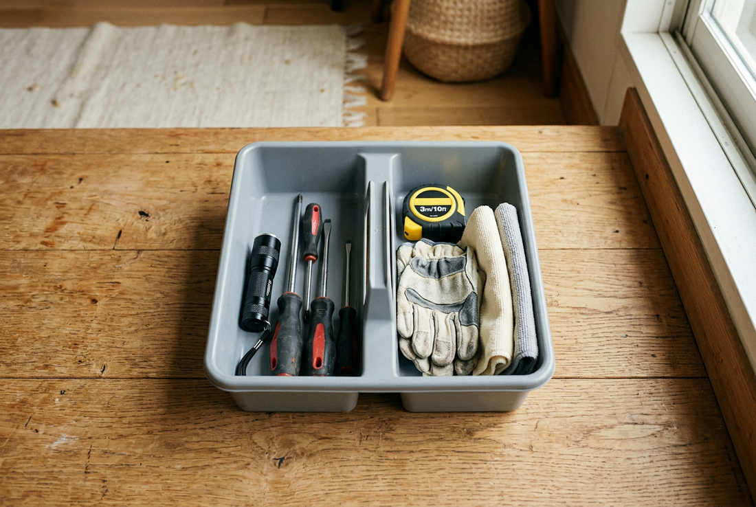 Compact apartment repair kit with basic hand tools and cleaning supplies.