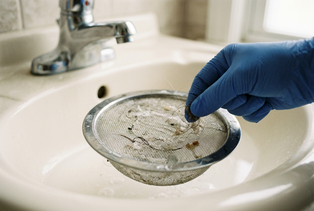 Inspecting accessible debris around a bathroom sink drain.