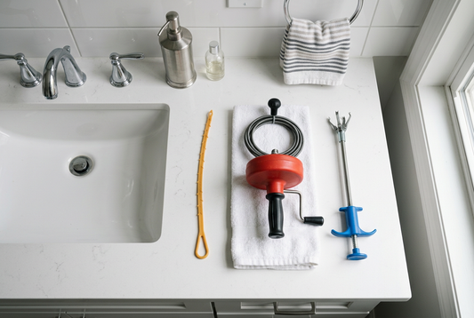 Different types of manual drain cleaning tools arranged for comparison.