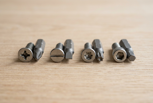 Common small screw head patterns beside correctly matched precision screwdriver bits.