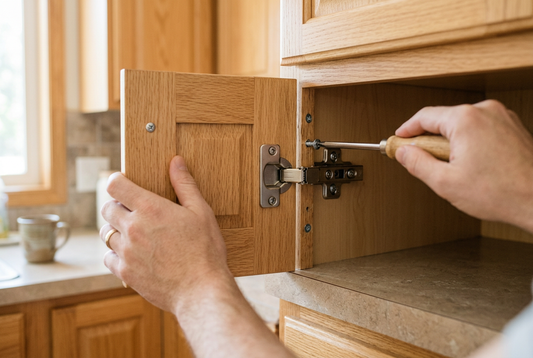 Close-up inspection of a loose concealed cabinet hinge and mounting screws.