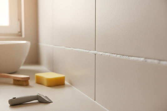 Freshly repaired white grout joint with basic tile repair tools