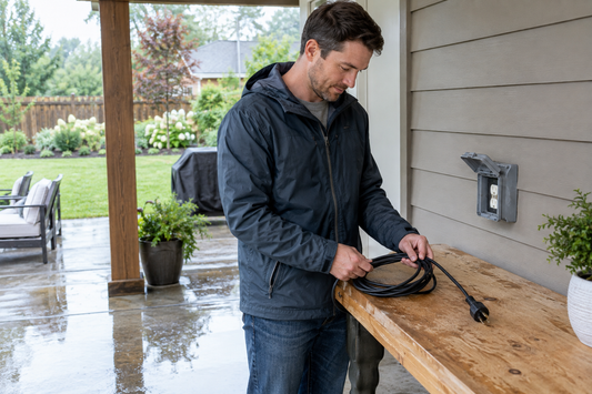 Homeowner checking a dry outdoor power area before connecting equipment