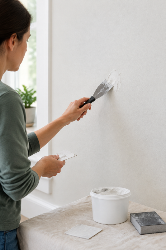 Homeowner applying joint compound to a small hole in drywall with a putty knife.