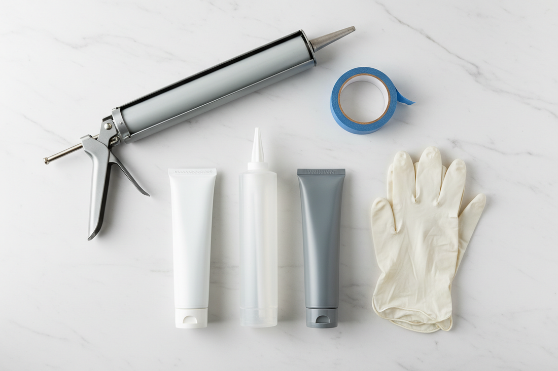 Flat lay of three silicone sealant tubes with caulk gun, painter's tape, and gloves — Fixory Bathroom Buying Guide
