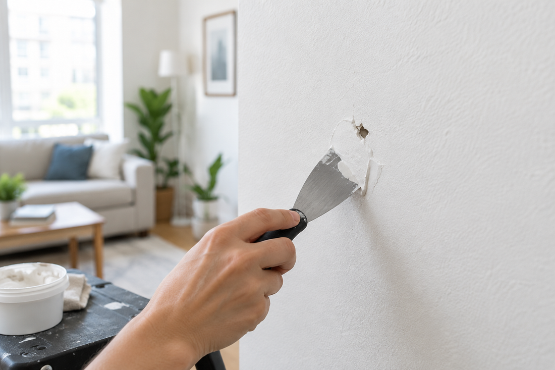 A hand smoothing white spackle into a small hole in a white rental wall with a putty knife