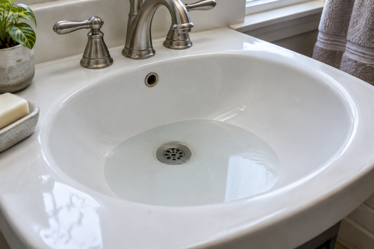 Small amount of water pooling around a bathroom sink drain