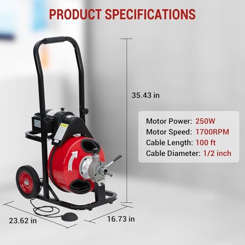 Auto Feed Drain Cleaner Machine, 100 ft x 1/2 in, Black & Red - Image 3