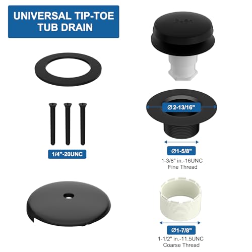 Black Tip-Toe Tub Drain with 1-Hole Overflow Cover, Matte Black - Image 6