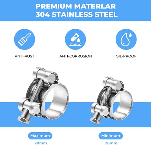 6 Pack 26-28mm (1.02-1.1") T-Bolt Hose Clamp,Stainless | Hand Tools - Image 4