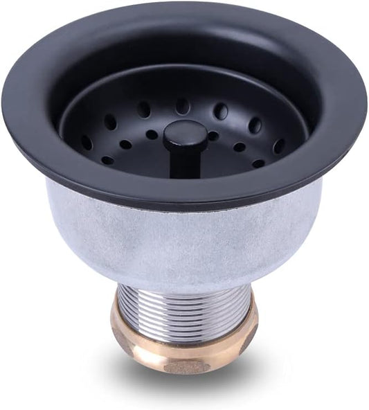 3-1/2 Deep Cup Kitchen Sink Drain Assembly, 304 Stainless Steel Construction With Fixed Post Basket and Long Extended Shank/CAS Approved and Matte Black Finish