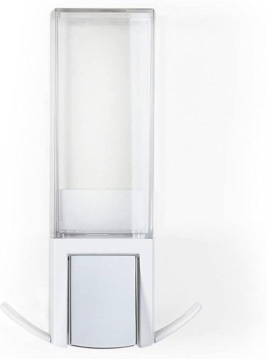 Better Living Clever Soap Dispenser 1 Chamber, Wall Mount Shower Soap Dispenser for Bathroom Hotel Body Wash, Sanitizer Dispenser, Movable Storage Hooks, No Drill, 17 oz, White