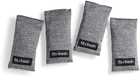Fit + Fresh Activated Charcoal, 4 Pack (4” x 3.75” x 3.75”) Absorbs Odors and Deodorizes Lunch Bags, Non-Toxic and Safe for Backpacks, Shoes, Closet and Car, Gray