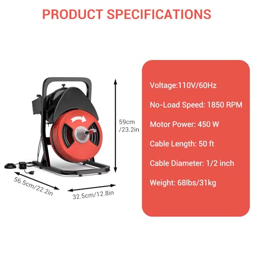 Drain Cleaner Machine 50FT x 1/2'' Sewer Snake For 2 To 4 Pipes - Image 4