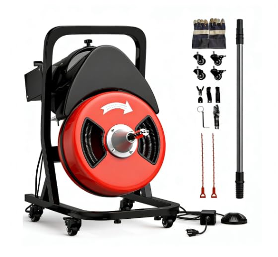 50FTx1/2 Inch Drain Cleaner Machine with Wheels, Sewer Snake - Image 1