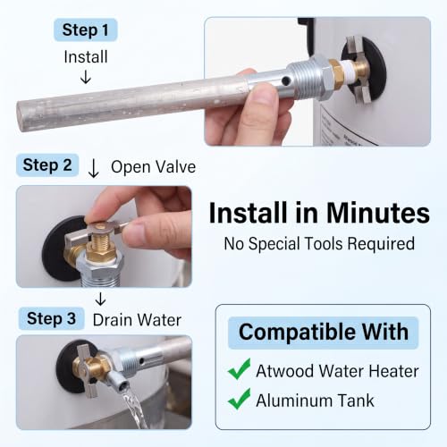 RV Water Heater Anode Rod with Drain Valve 4.5 X 1/2in NPT Quick - Image 6