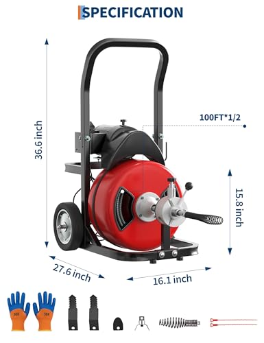 370W Electric Drain Cleaning Machine, 100FT x 1/2" Sewer Snake - Image 3