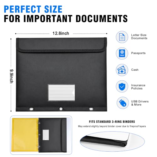 Fireproof 3 Ring Binder Pocket, Document Bag Side Loading, Black - Image 5